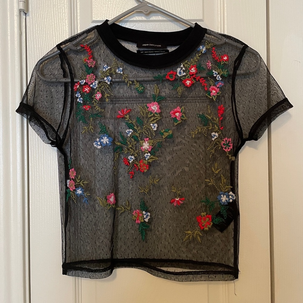 Urban Outfitters Embroidered Flowers Mesh Crop Top